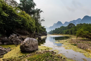 Gordijnen Li river with limestone formations in the background © pwollinga