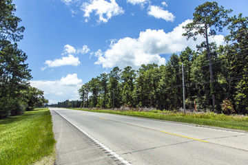 empty highway in america with trees and blue sky