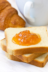 Toast with jam and croissant for breakfast