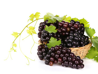 Grapes in basket with leaf on white background