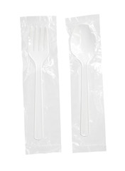 Plastic spoon and fork in bag (with clipping path) isolated on w © Winai Tepsuttinun