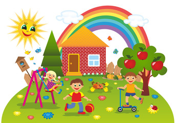 Obraz na płótnie Canvas Children playing outdoors in summer