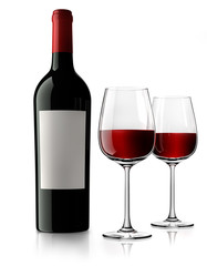 Weinflasche mit Etikett und Gläsern