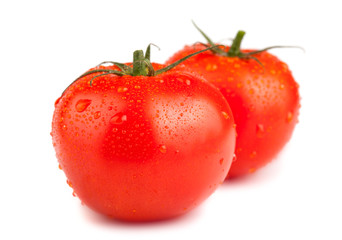 Two ripe red tomatoes with water drops