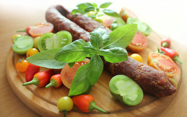 Sausage,peppers, basil and tomato on a wooden cutting board