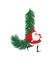 Decorative fir-tree ABC with funny Santas. Letter J. Vector.