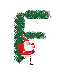 Decorative fir-tree ABC with funny Santas. Letter F. Vector.
