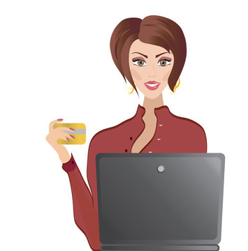 Woman with Credit Card and Laptop. Online shopping and Internet