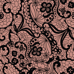 Lace seamless pattern with flowers on beige background - 56048457
