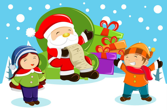 Santa Claus carrying present bags and holding a name list with k