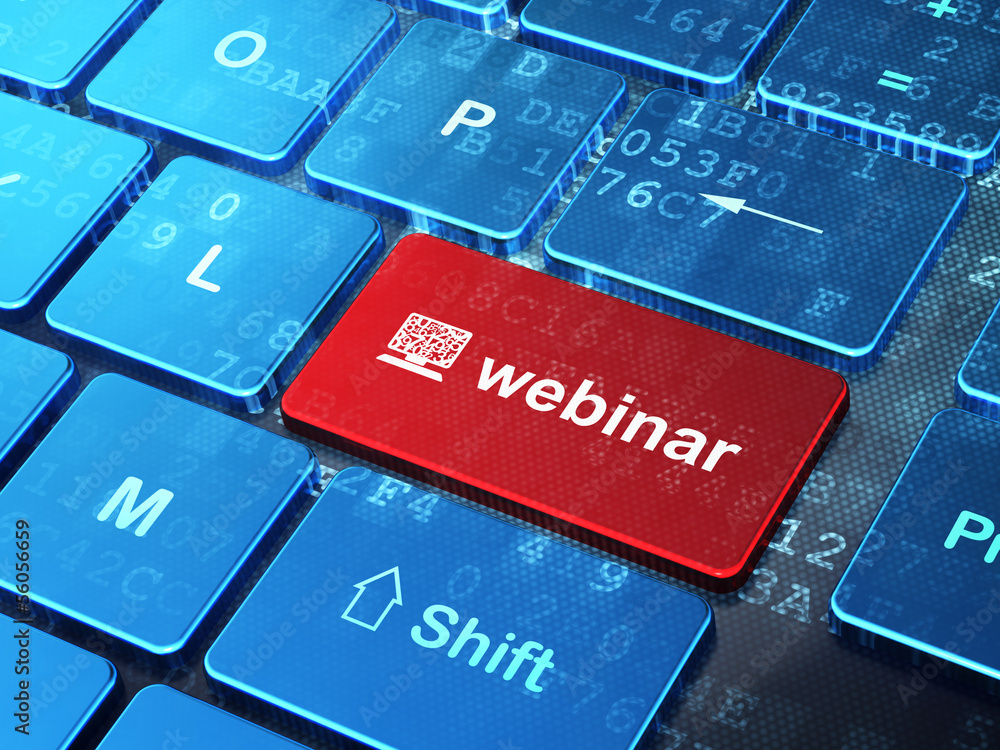 Poster education concept: computer pc and webinar on computer keyboard