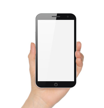 Hand holding big smart phone on white background.