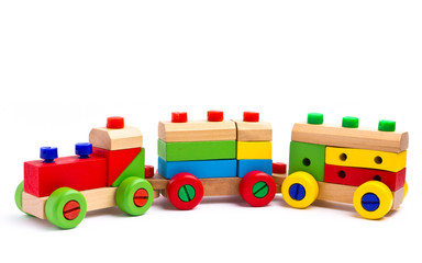 Colorful wooden toy train isolated on white background
