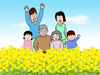 菜の花畑の三世代家族