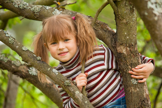 Lovely little girl posing sitting on a tree in the garden.