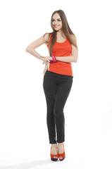 young Casual woman with brown, long hair posing