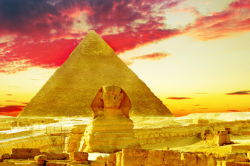 Great Pyramid of Pharaoh Khufu, located at Giza and the Sphinx.