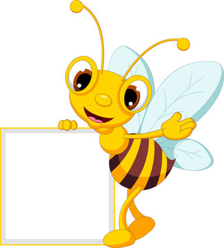funny bee cartoon waving and holding blank sign