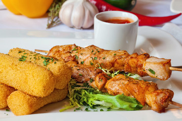 Bar-B-Q or BBQ with kebab cooking. coal grill of chicken meat
