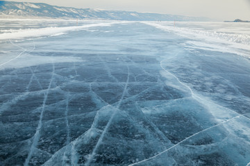 Winter ice road through Baikal