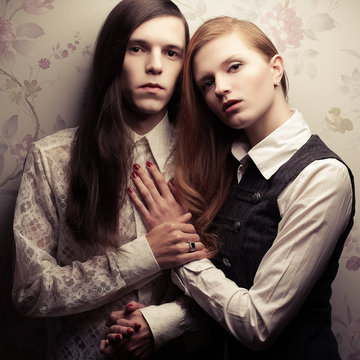 Portrait of beautiful long haired people in vintage style