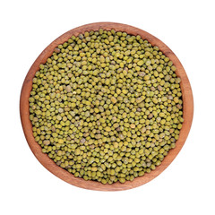 Green mung beans in a wooden bowl on a white background