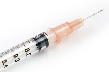 Close up of a syringe on a white background