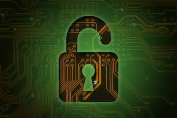Open lock on circuit background, security concept .