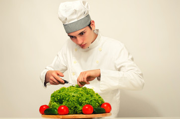 Chef preparing a green salad for a perfect healthy life