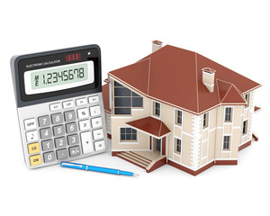 house, calculator and pen