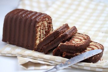 Chocolate Cake on tablecloth