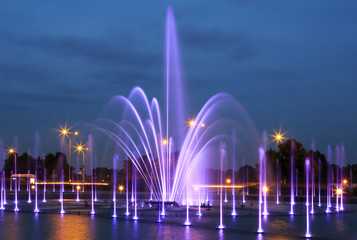 The illuminated fountain at night - obrazy, fototapety, plakaty