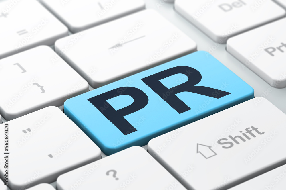 Aufkleber marketing concept: pr on computer keyboard background