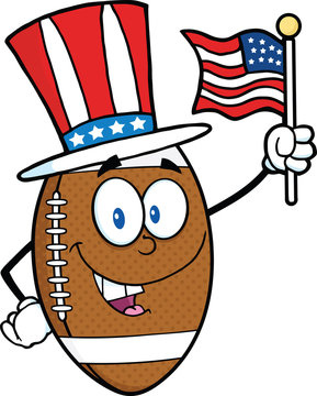 American Football Ball Character With Patriotic Hat And USA Flag