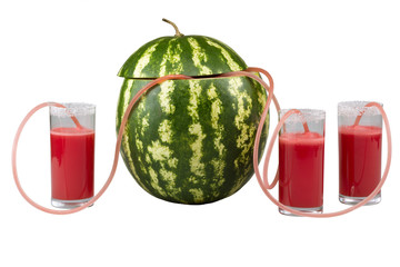watermelon and three glasses of juice