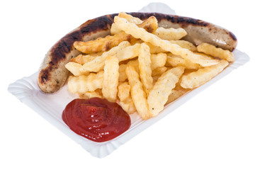 Isolated Bratwurst with French Fries