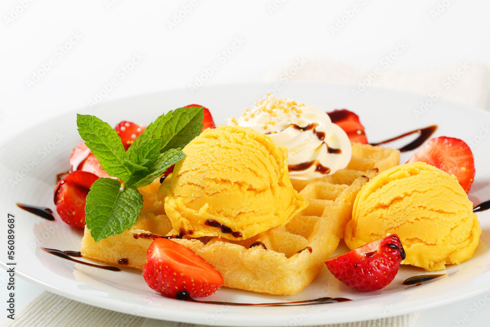 Wall mural Waffle with ice cream and strawberries