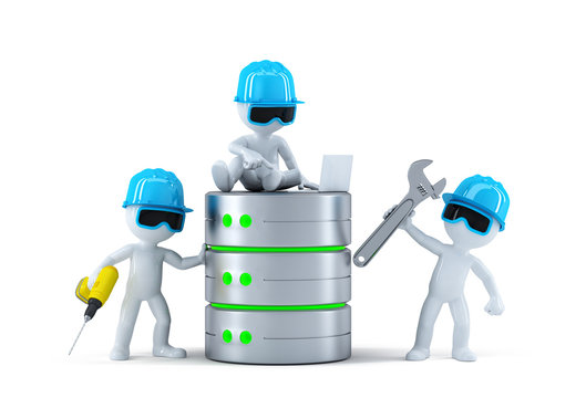 Group of technicians with data base. Technology concept