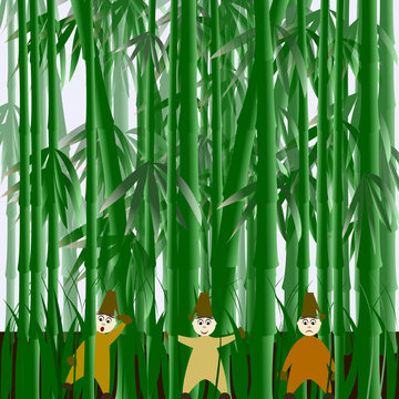Illustration with gnomes in the field of bamboo