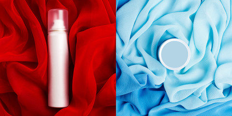 Arty collage of photos of beauty cream box and spray (aerosol)