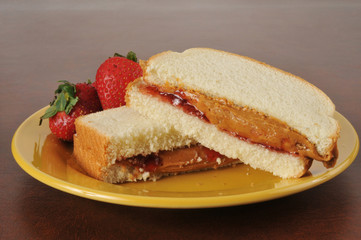 Peanut butter and strawberry jam sandwich