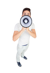 Young casual men with a megaphone