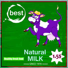 Label dairy products.A fresh milk from purple cheerful cow