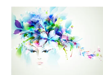 Peel and stick wall murals Flowers women Beautiful fashion women face with abstract design elements