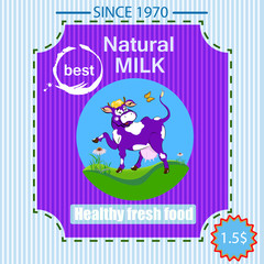 Label dairy products.A fresh milk from purple cheerful cow