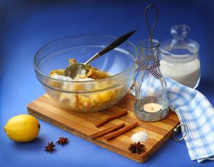 Quince  covered sugar, lemon and cinnamon sticks