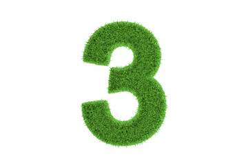 Number three with green grass pattern. on white