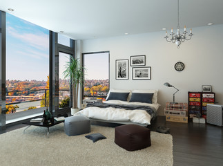 Modern bedroom interior with huge windows and vintage furniture