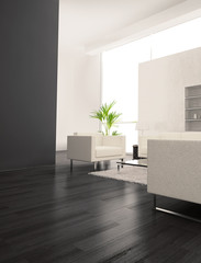 Modern puristic light living room with white furniture