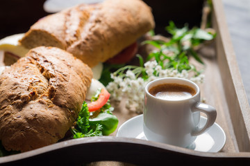 Italian breakfast with espresso and sandwich